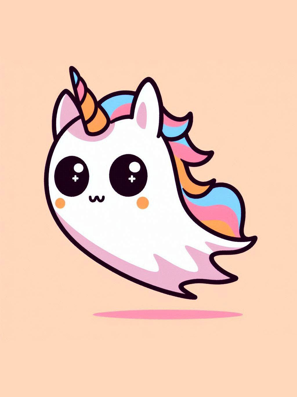 halloween unicorn illustration ideas featuring a cute phantom unicorn with pastel rainbow mane floating on a pale background.